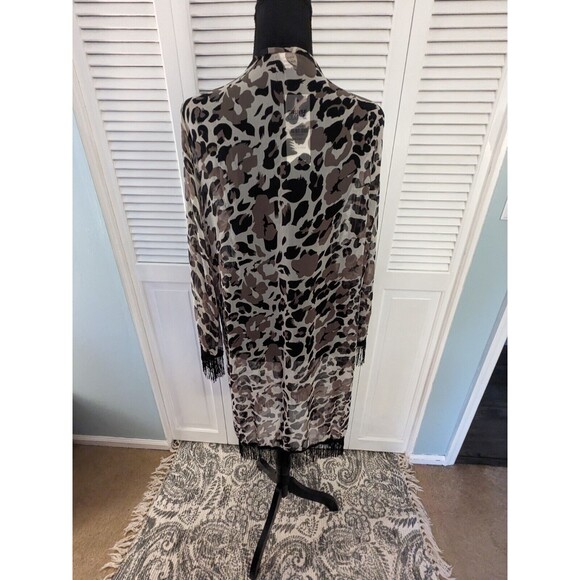 Cruise Club Ladies One Size Brown/White/Black Sheer Leopard Fringe Cover-Up NEW - Picture 7 of 12
